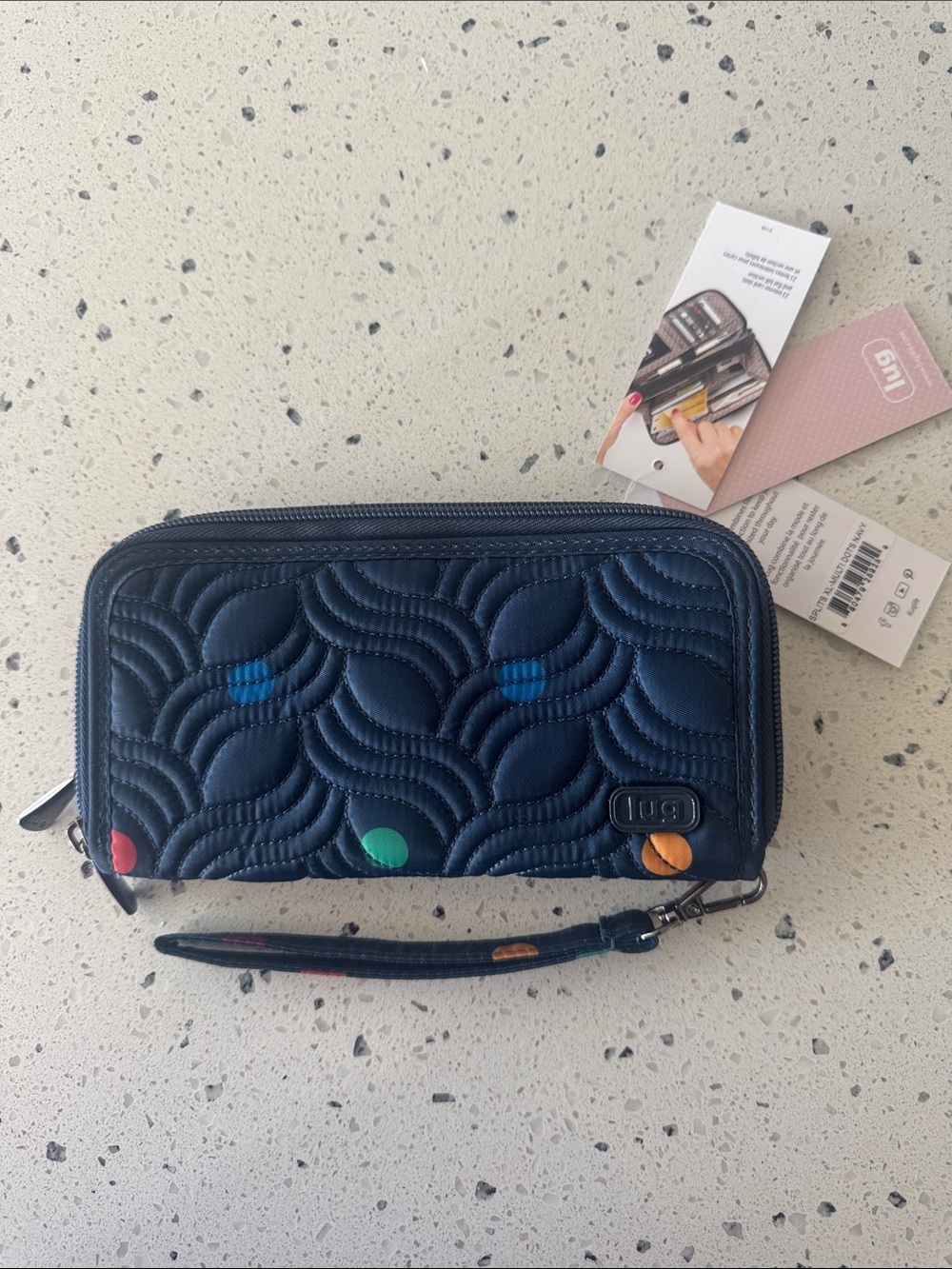 lug Splits XL Multi Dots Navy Quilted Wristlet Wallet RFID Travel Casual NWT